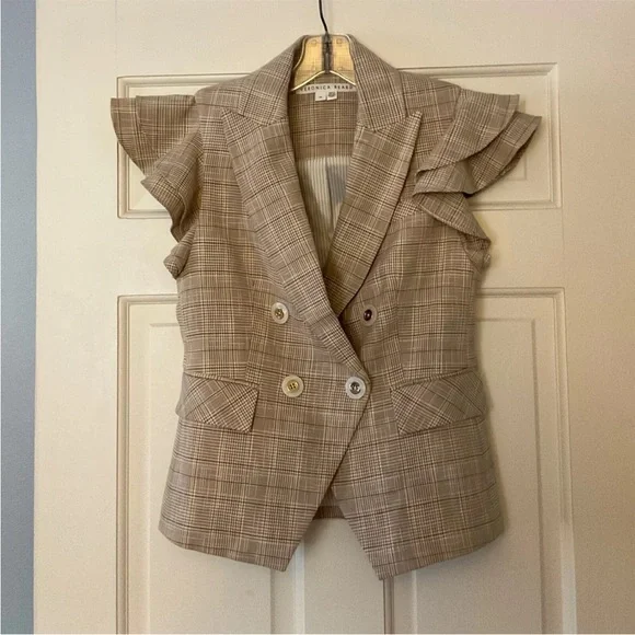 $595 Veronica Beard Janae Plaid Ruffle Blazer Jacket Button Up Khaki Multi Sz 00 - Picture 7 of 14